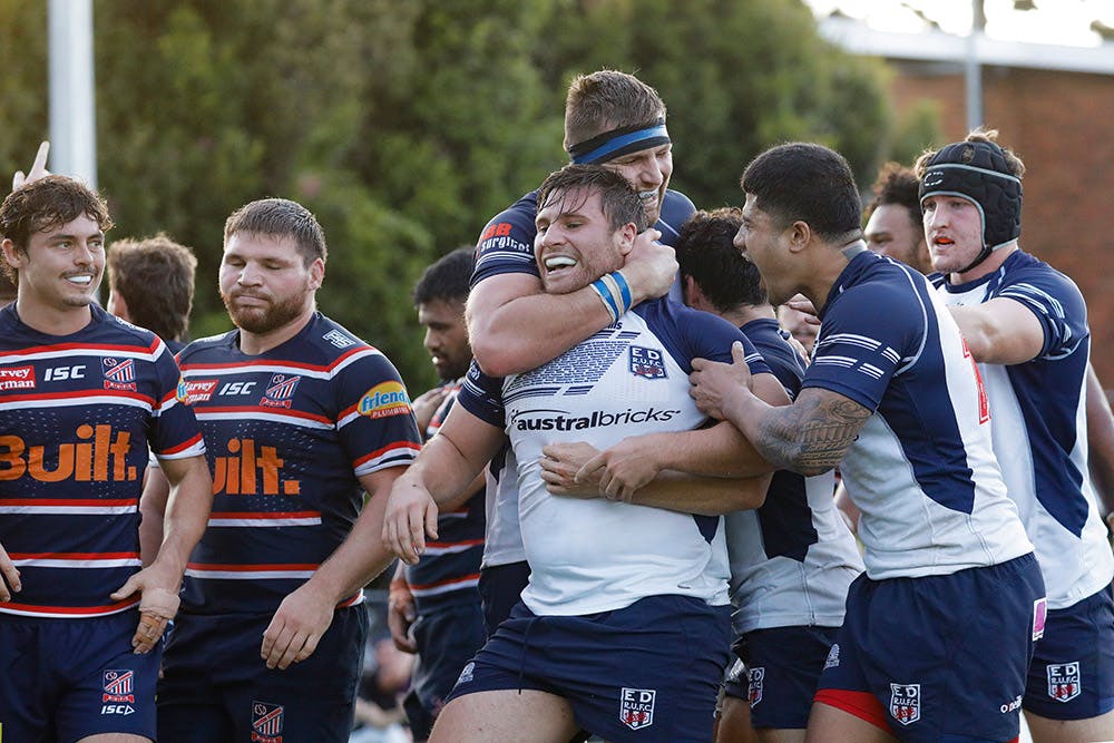 Eastwood celebrate a late try against Easts. Photo: Karen Watson 
